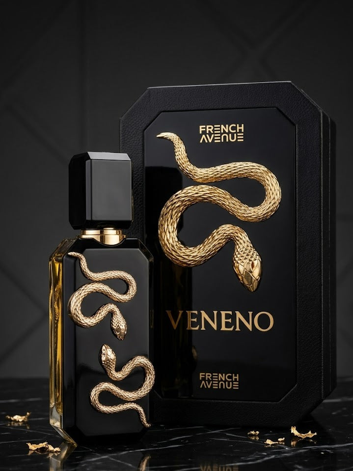 French Avenue VENENO 100ml black perfume bottle with 3D gold snakes on luxury studio marble display