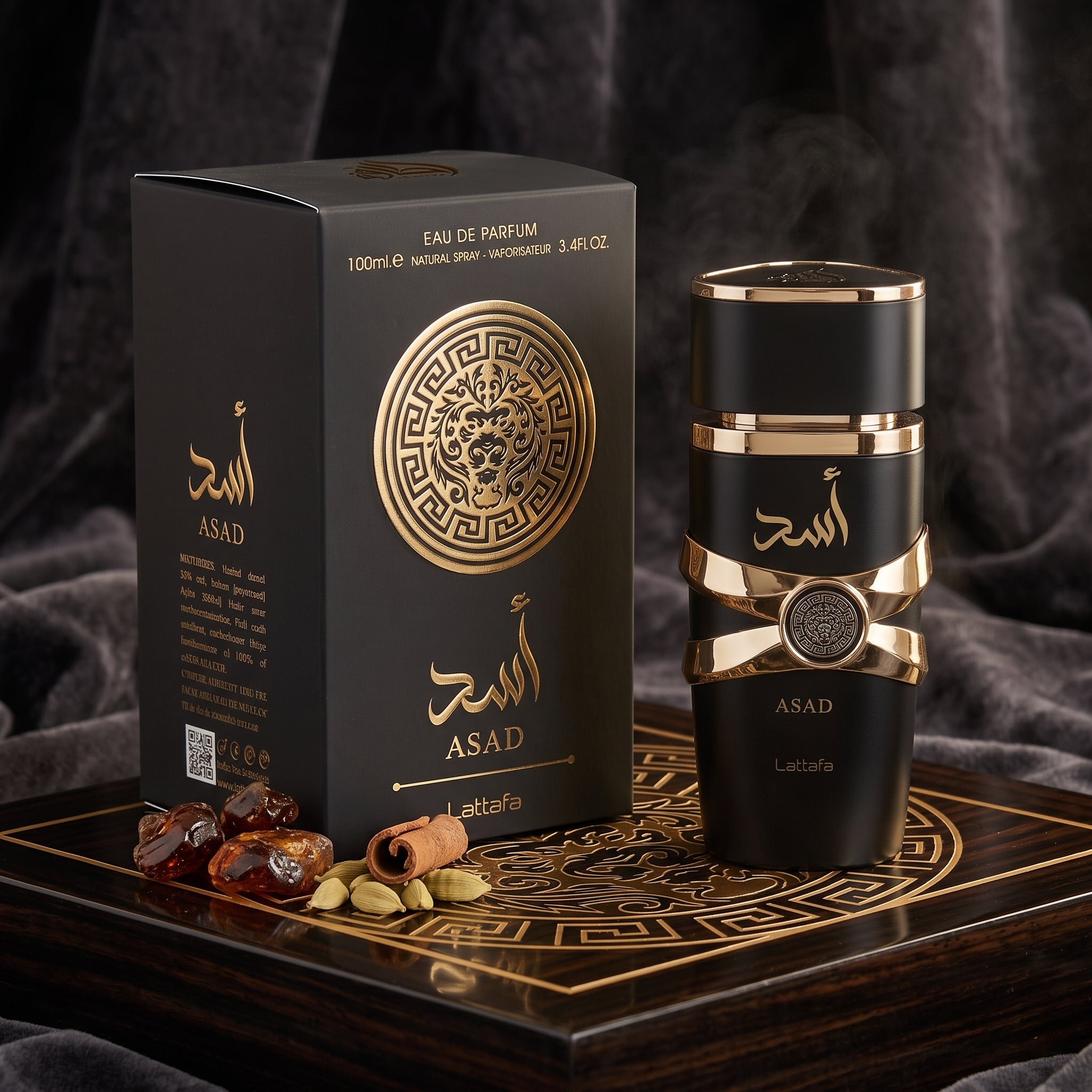 Buy authentic Lattafa Asad Eau De Parfum (100ml) at Alsaharoud. The viral, intense masculine scent with notes of pineapple, black pepper, tobacco, and amber. Very long-lasting. Fast UK delivery.