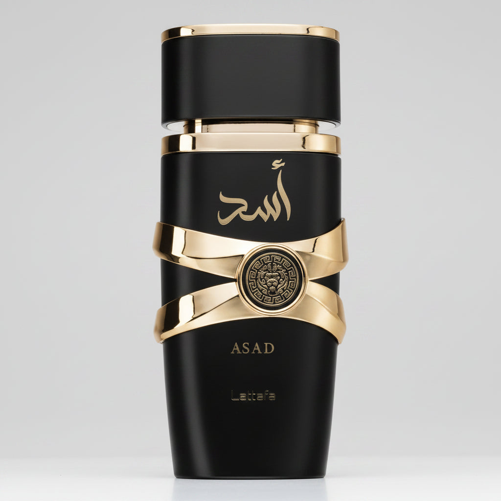 Buy authentic Lattafa Asad Eau De Parfum (100ml) at Alsaharoud. The viral, intense masculine scent with notes of pineapple, black pepper, tobacco, and amber. Very long-lasting. Fast UK delivery.