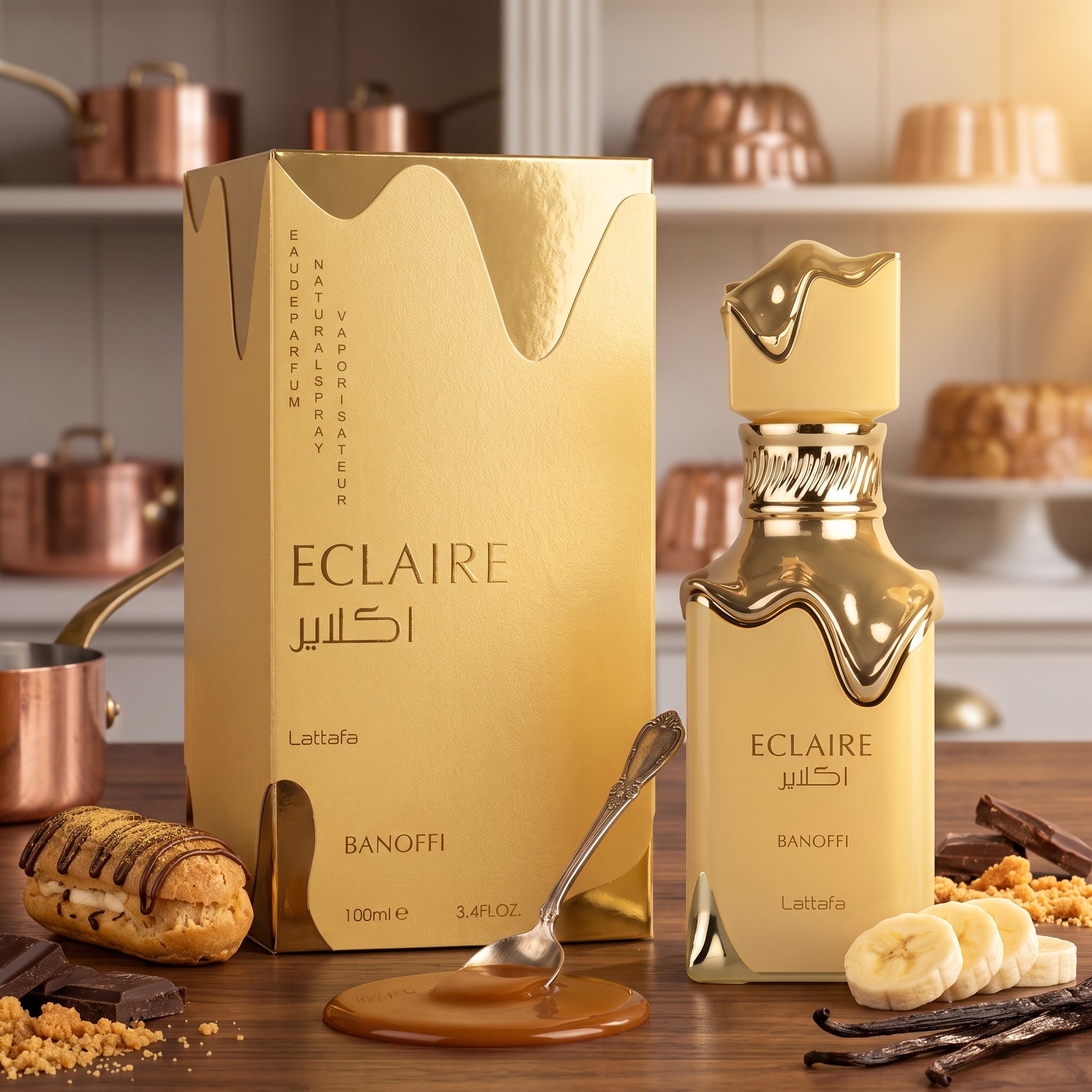 Indulge in Lattafa Eclaire Banoffi (100ml EDP) at Alsahar Oud. A viral sweet gourmand fragrance blending caramelized banana, rich toffee, and vanilla cream. Fast UK delivery.