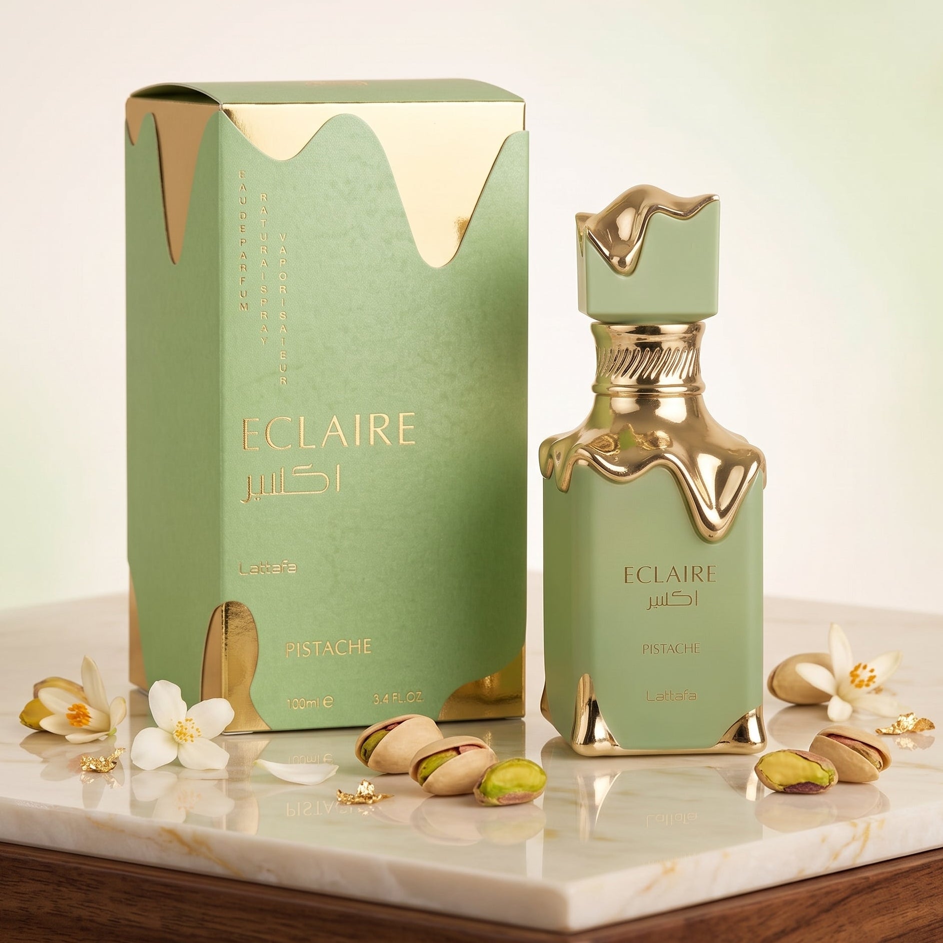 Discover Lattafa Eclaire Pistache (100ml EDP) at Alsahar Oud. A viral sweet gourmand fragrance blending roasted pistachio, vanilla gelato, and milk. Fast UK delivery.