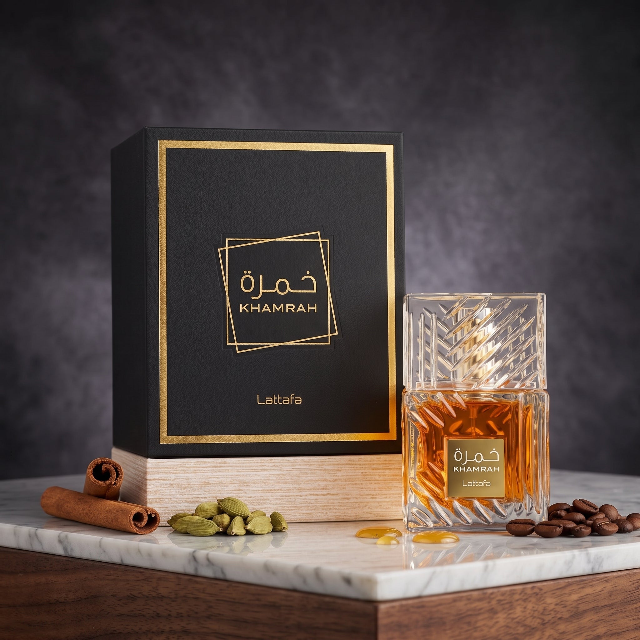Buy authentic Lattafa Khamrah Dukhan Eau De Parfum (100ml) at Alsahar Oud. A deep smoky gourmand fragrance with dark amber, dates, and warm praline. Fast UK tracked delivery.
